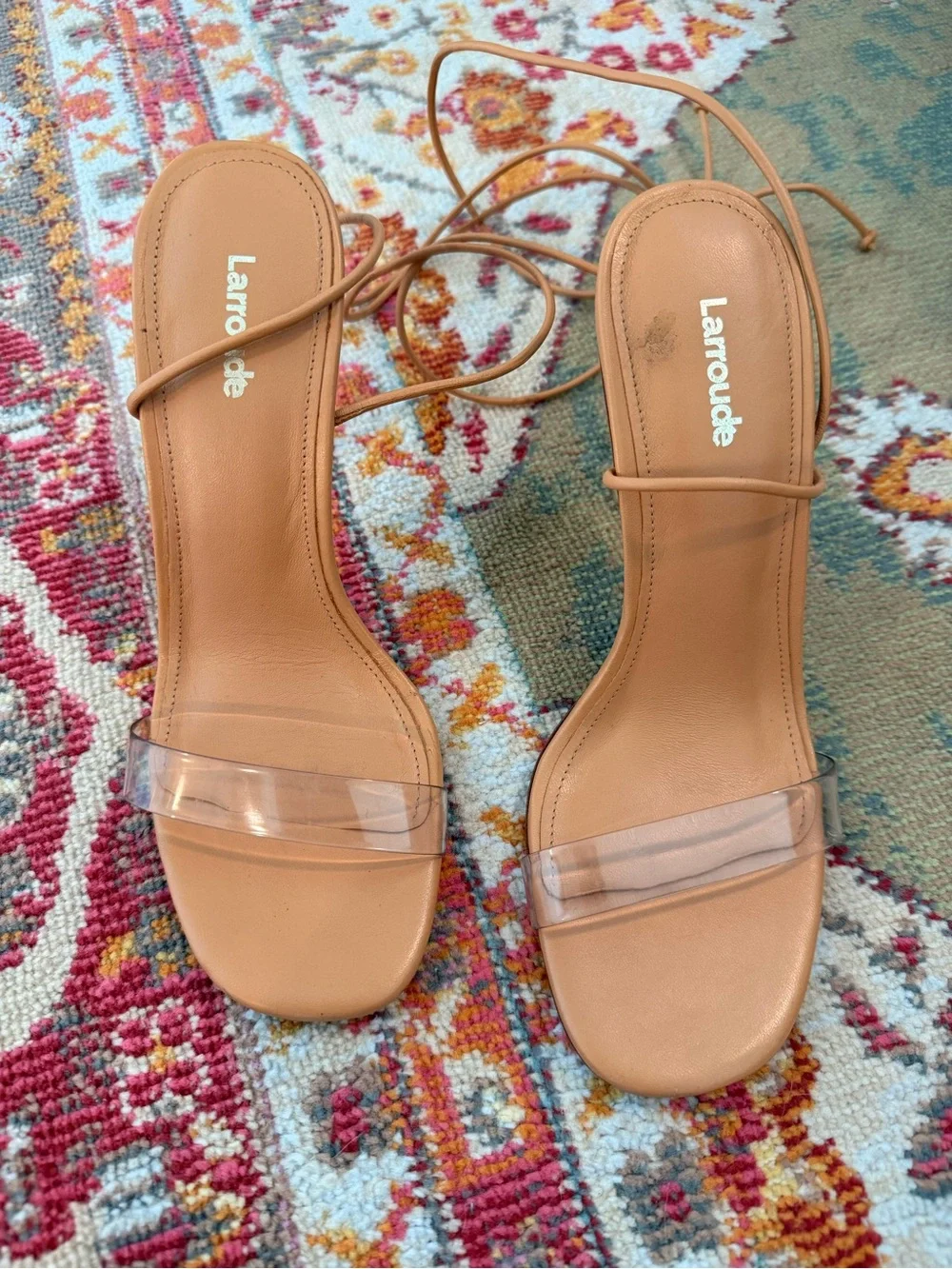 Larroude Gloria - Tan Lace-Up Clear Heel Sandals